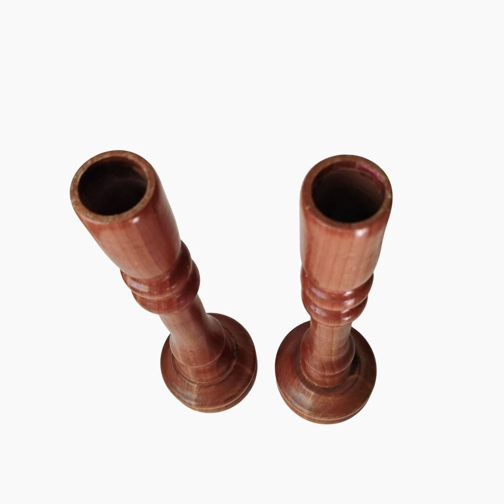 Vintage Wooden Candlesticks, Pair of Turned Wood Taper Holders 10" MCM 70s Hygge - Picture 2 of 3